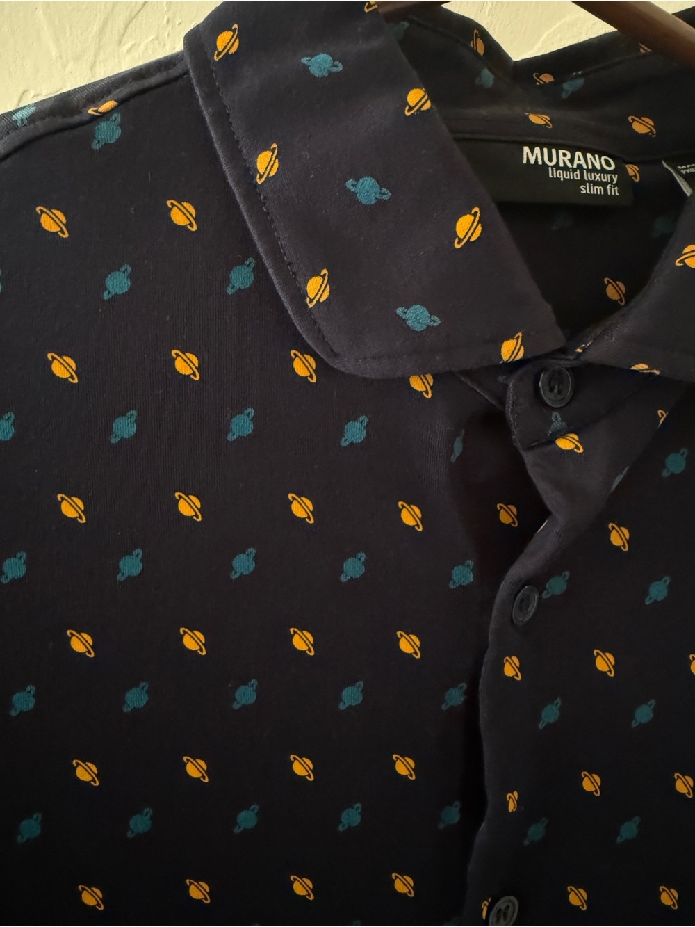 Murano Men's Navy Short Sleeve Button-Up Shirt with space print